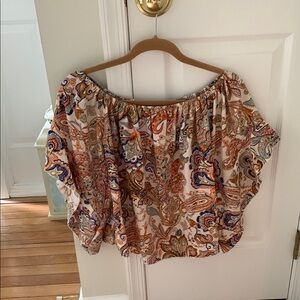 Source Unknown Orange and Brown Ruffled Short Sleeve Blouse